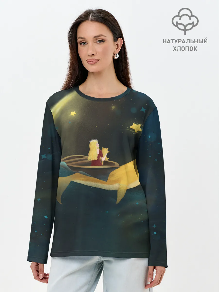 Лонгслив женский. Хлопок / Девушка и кит в облаках