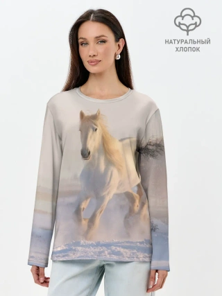 Лонгслив женский. Хлопок / Белая лошадь на снегу