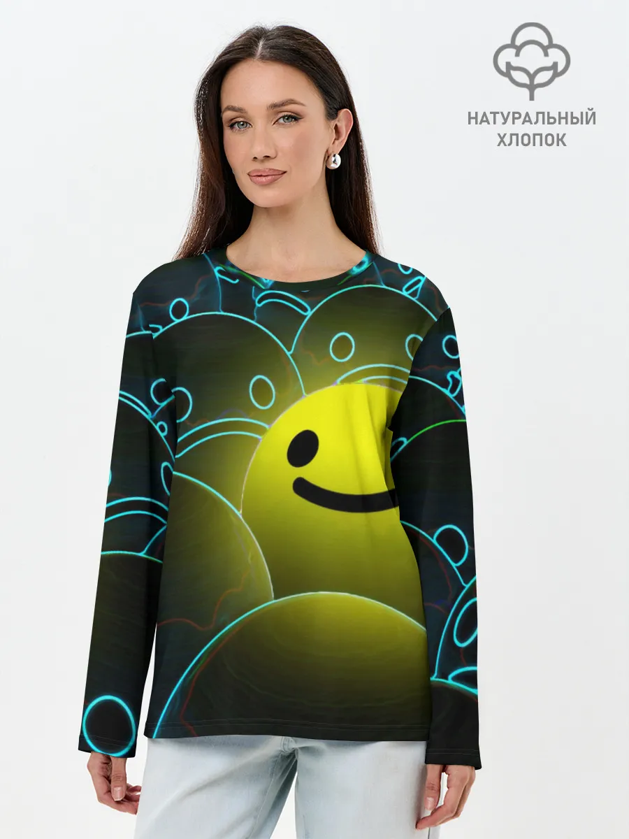 Лонгслив женский. Хлопок / НЕОНОВЫЕ СМАЙЛЫ