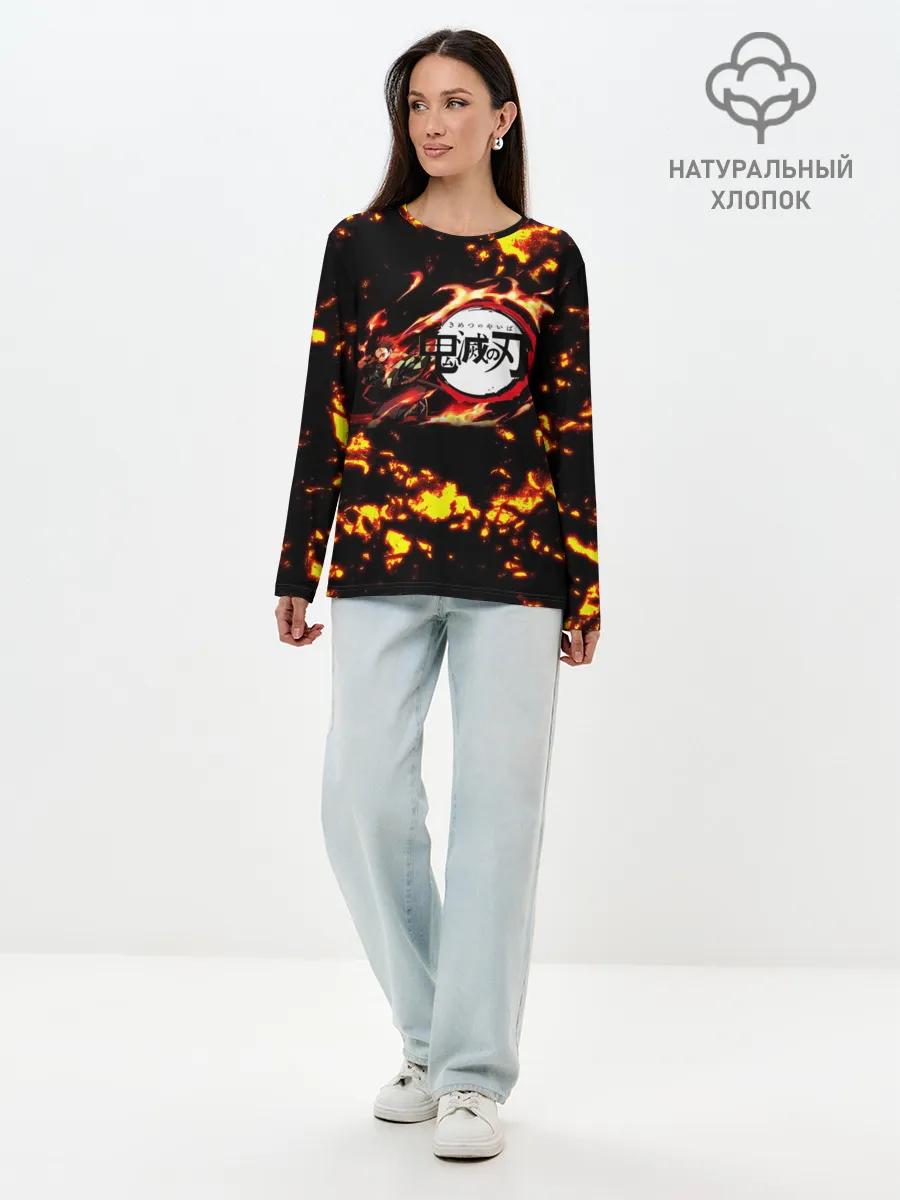 Лонгслив женский. Хлопок / Kimetsu no Yaiba желтое пламя