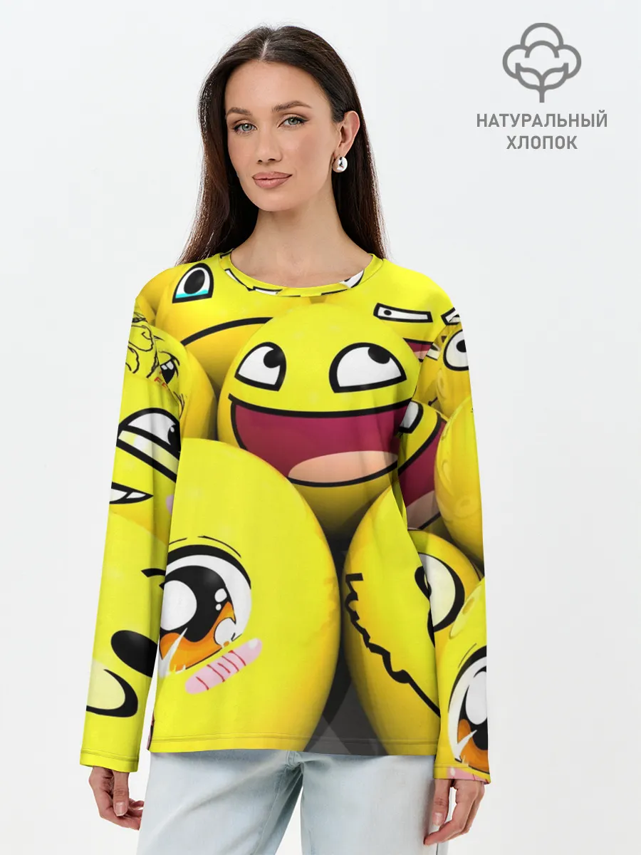 Лонгслив женский. Хлопок / ЖЕЛТЫЕ СМАЙЛИКИ