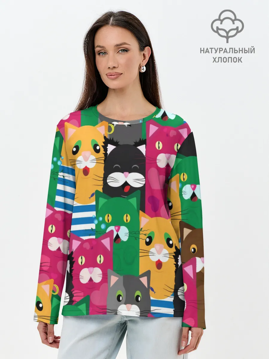 Лонгслив женский. Хлопок / Голодные котики.