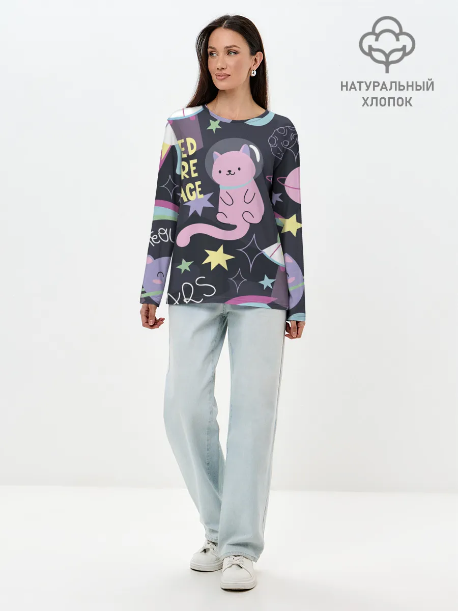 Лонгслив женский. Хлопок / Космический кот