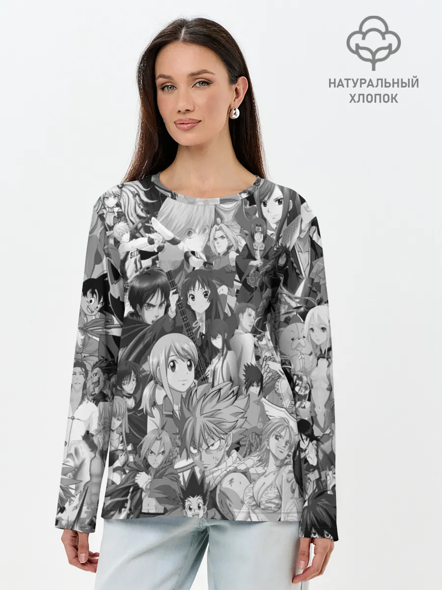 Лонгслив женский. Хлопок / МНОГО ЧЕРНО-БЕЛЫХ АНИМЕ ДЕВОЧЕК