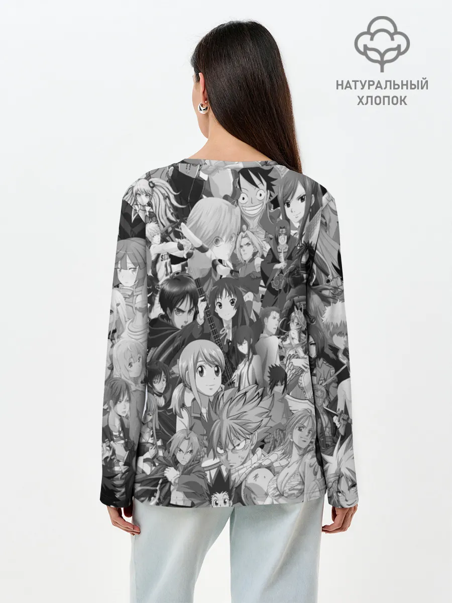Лонгслив женский. Хлопок / МНОГО ЧЕРНО-БЕЛЫХ АНИМЕ ДЕВОЧЕК