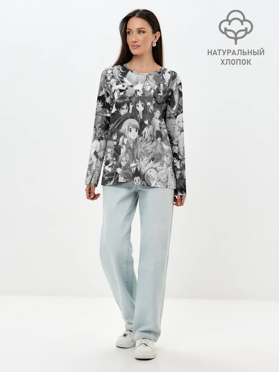 Лонгслив женский. Хлопок / МНОГО ЧЕРНО-БЕЛЫХ АНИМЕ ДЕВОЧЕК