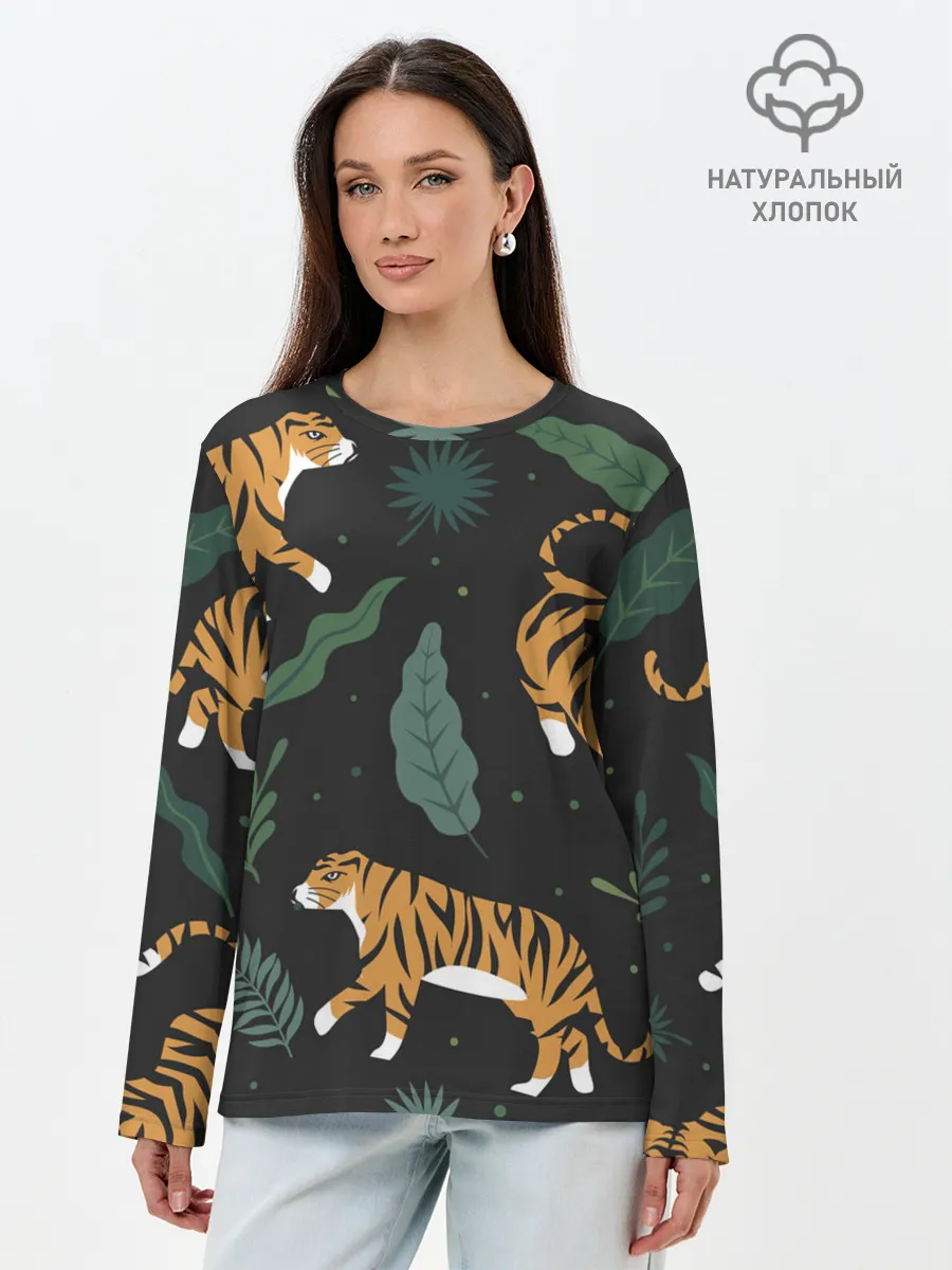 Лонгслив женский. Хлопок / Тропический тигр