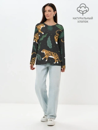 Лонгслив женский. Хлопок / Тропический тигр