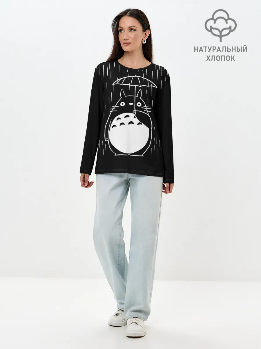 Лонгслив женский. Хлопок / Тоторо прячется от дождя