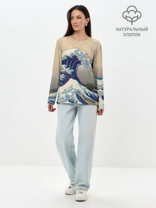 Лонгслив женский. Хлопок / Kanagawa Wave Glitch Art