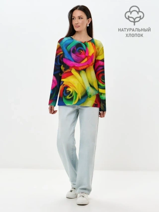 Лонгслив женский. Хлопок / Разноцветные розы