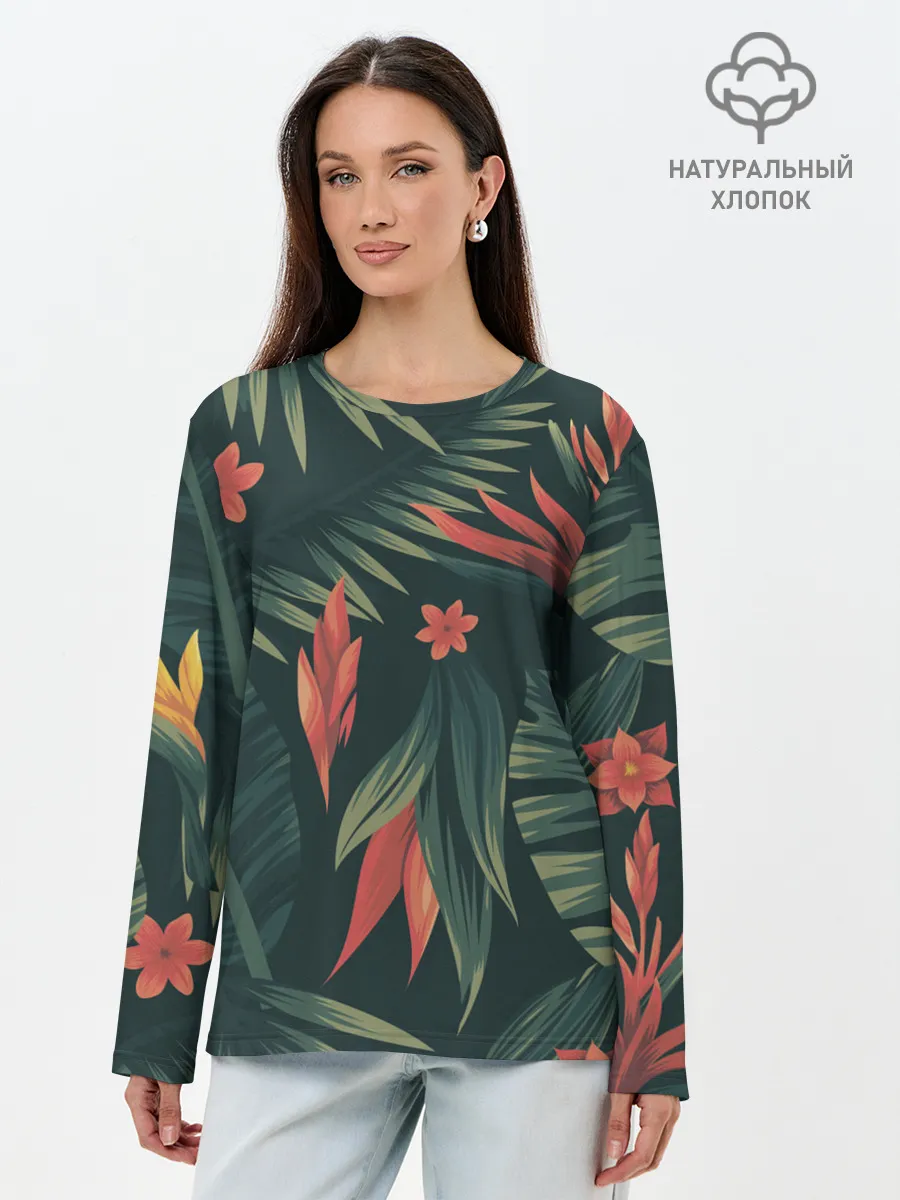 Лонгслив женский. Хлопок / Тропический комуфляж