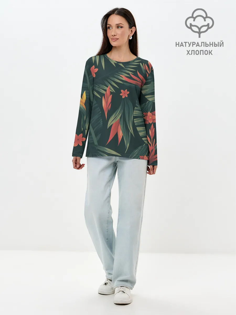 Лонгслив женский. Хлопок / Тропический комуфляж