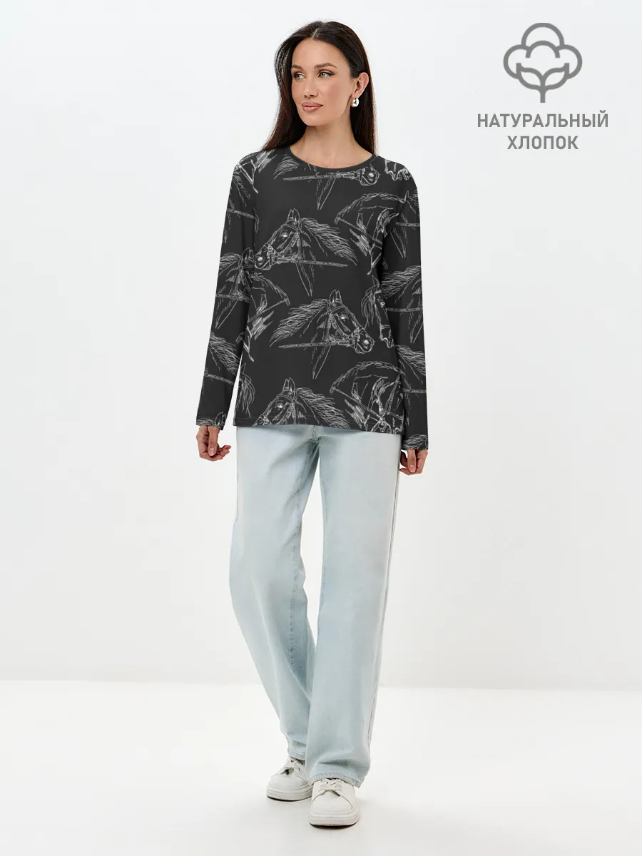 Лонгслив женский. Хлопок / кони