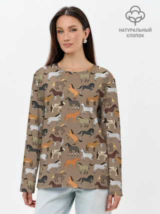 Лонгслив женский. Хлопок / кони-лошади