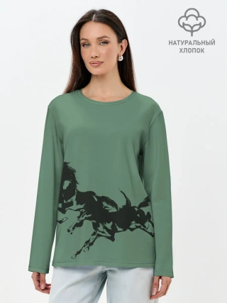 Лонгслив женский. Хлопок / черные кони