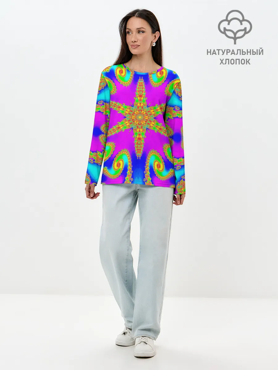 Лонгслив женский. Хлопок / Неоновый фрактал