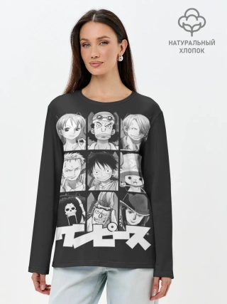 Лонгслив женский. Хлопок / иероглифы One Piece