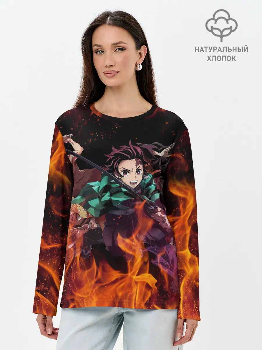 Лонгслив женский. Хлопок / Kimetsu no Yaiba в огне