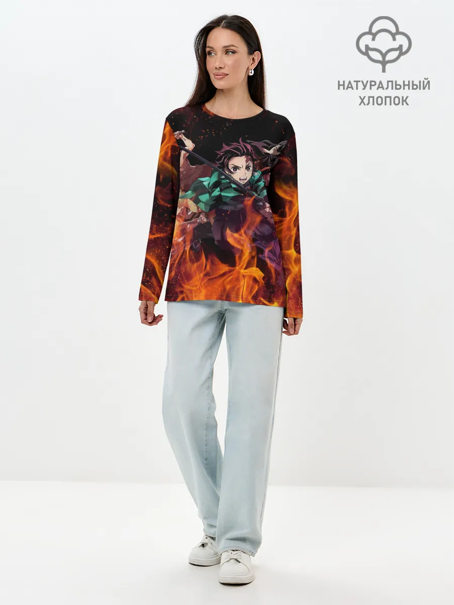 Лонгслив женский. Хлопок / Kimetsu no Yaiba в огне