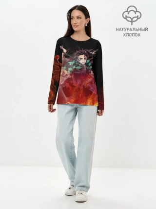 Лонгслив женский. Хлопок / Kimetsu no Yaiba в пламени