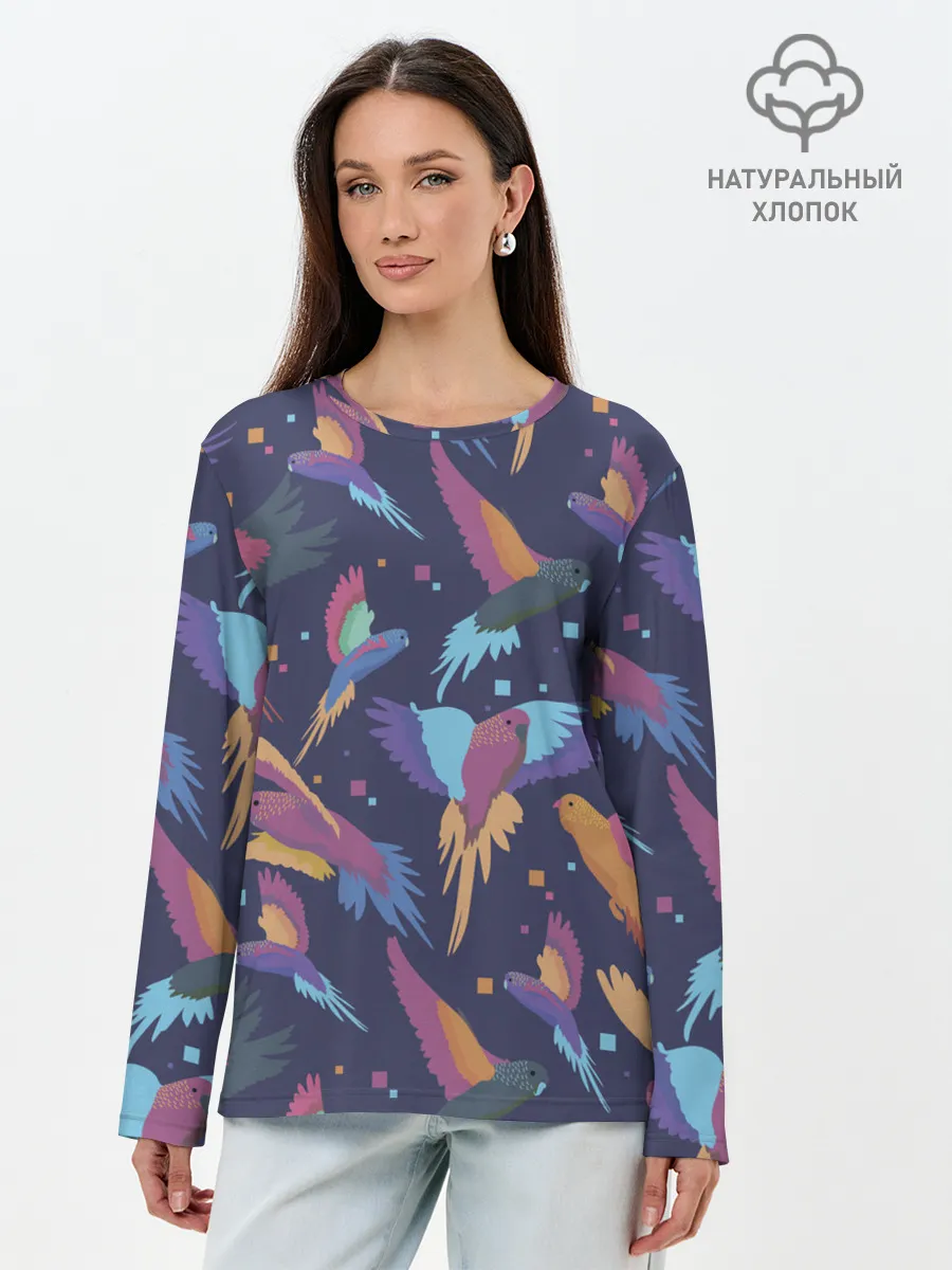 Лонгслив женский. Хлопок / Райские попугаи