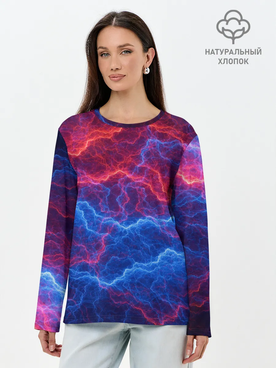 Лонгслив женский. Хлопок / Молнии: Огонь и лед