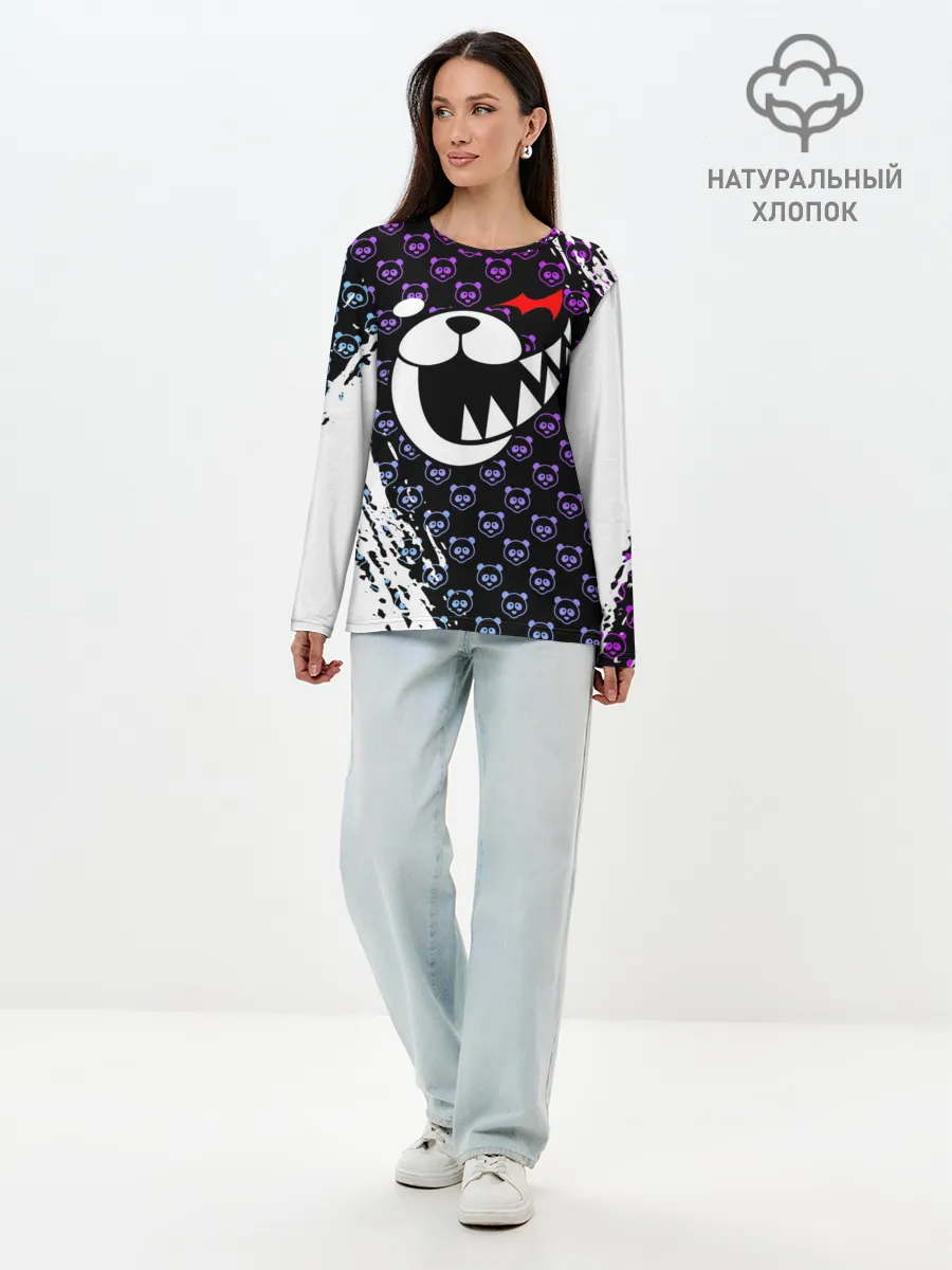 Лонгслив женский. Хлопок / Монокума на фиолетовом паттерне