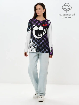 Лонгслив женский. Хлопок / Монокума на фиолетовом паттерне