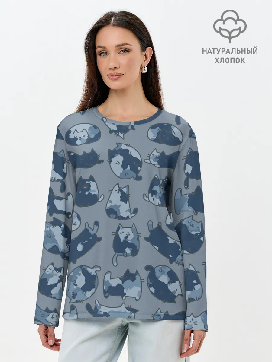 Лонгслив женский. Хлопок / Камуфляж с котиками