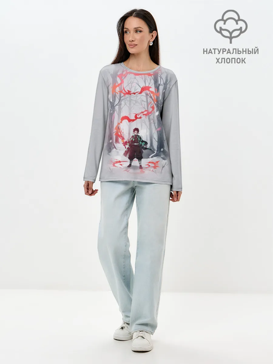 Лонгслив женский. Хлопок / KIMETSU NO YAIBA красный след