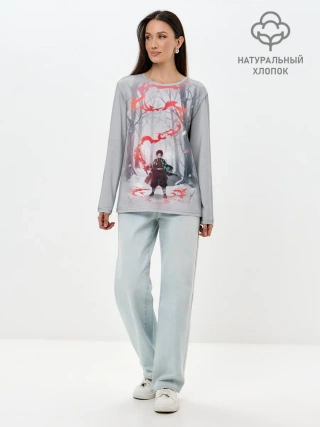 Лонгслив женский. Хлопок / KIMETSU NO YAIBA красный след