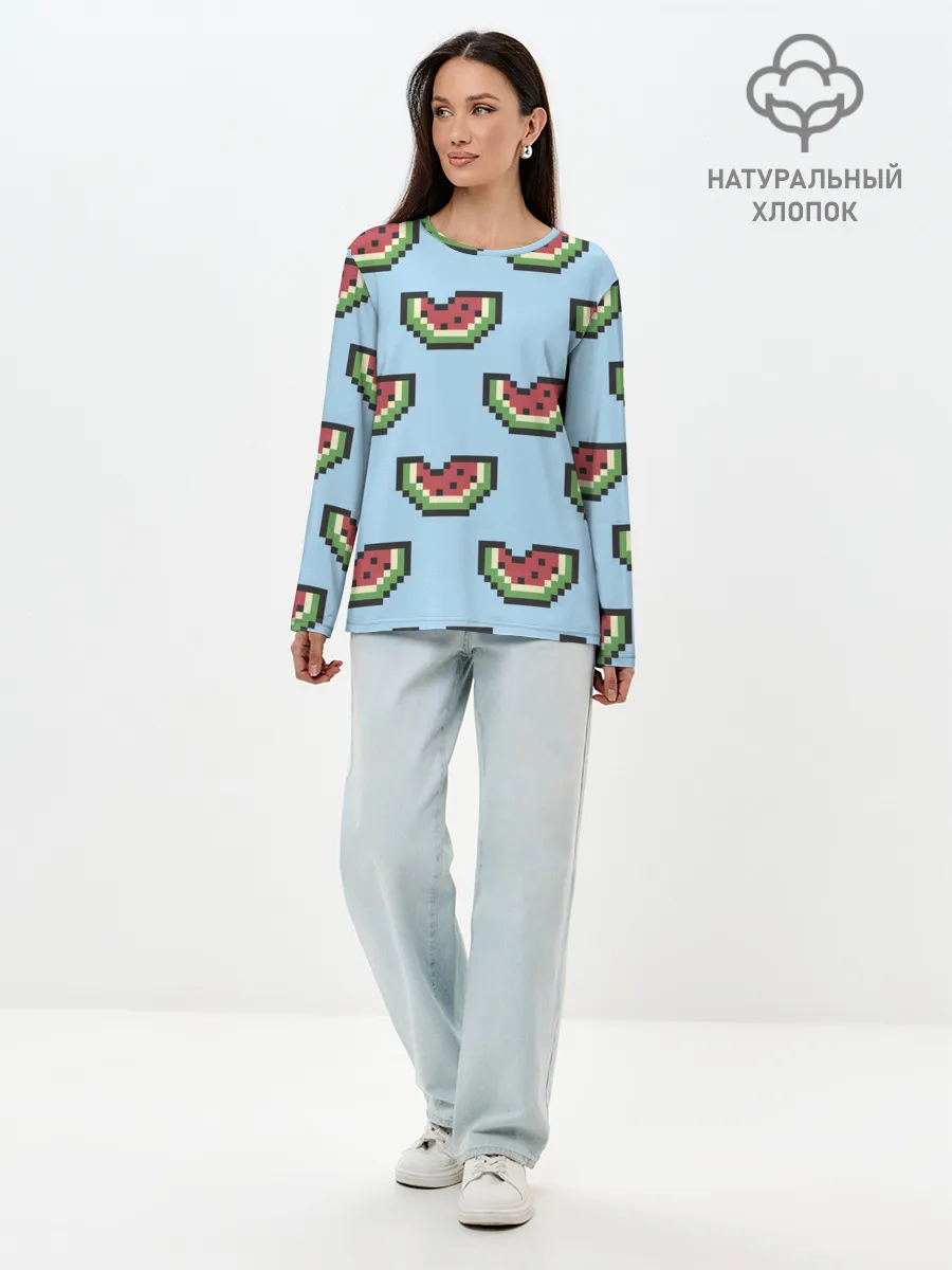 Лонгслив женский. Хлопок / Пиксельный арбуз