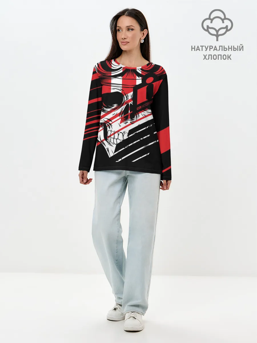 Лонгслив женский. Хлопок / Череп Icon красный