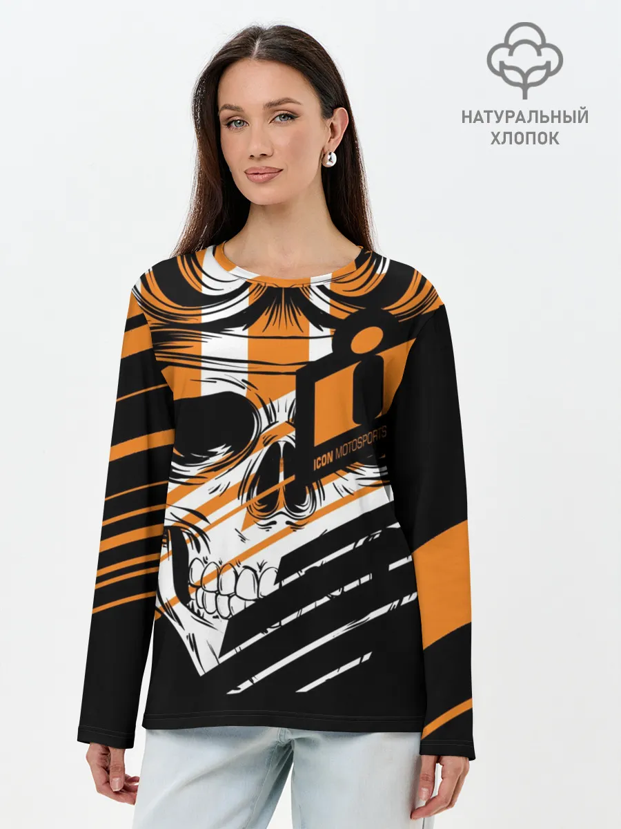 Лонгслив женский. Хлопок / Череп Icon оранжевый