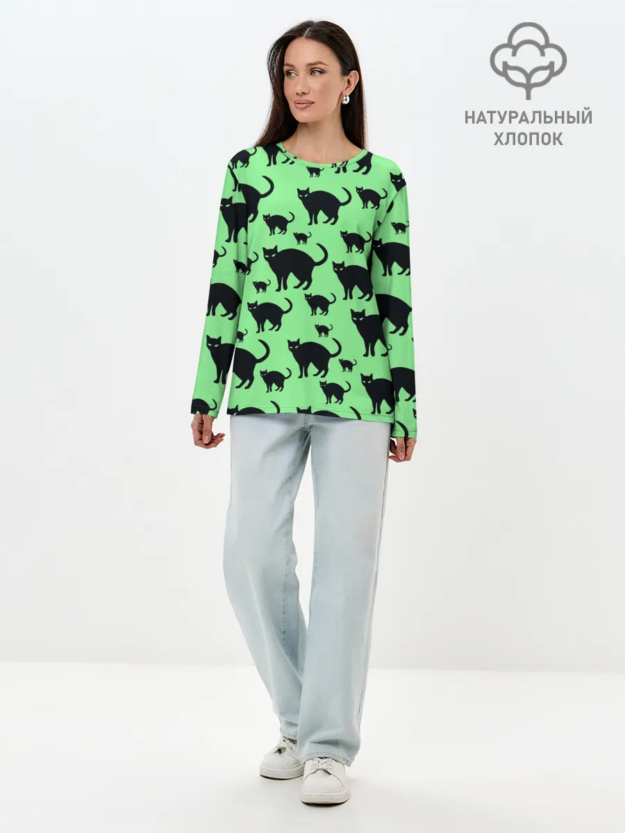 Лонгслив женский. Хлопок / Кошки черные