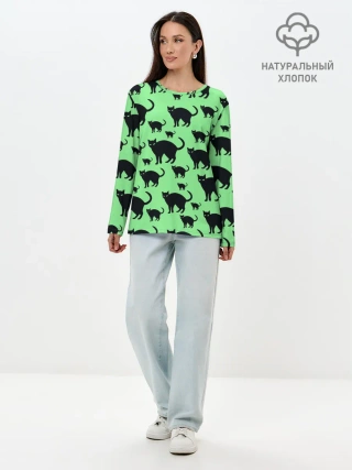 Лонгслив женский. Хлопок / Кошки черные