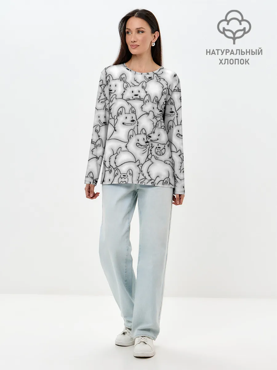 Лонгслив женский. Хлопок / Корги ЧБ