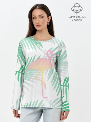 Лонгслив женский. Хлопок / Фламинго в джунглях