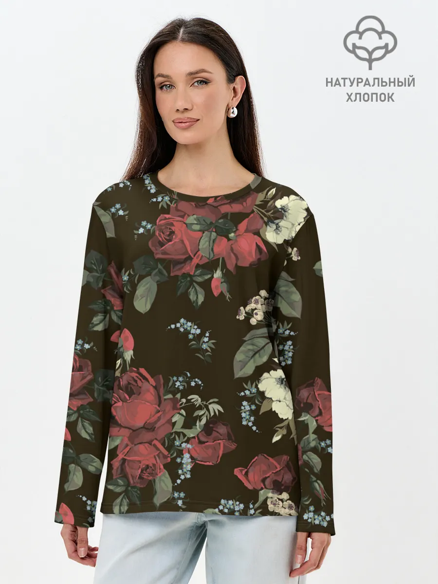 Лонгслив женский. Хлопок / Букет роз