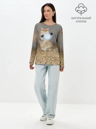 Лонгслив женский. Хлопок / Земляной кошак с расенганом
