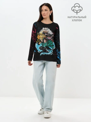 Лонгслив женский. Хлопок / Kimetsu no yaiba красносиние брызги