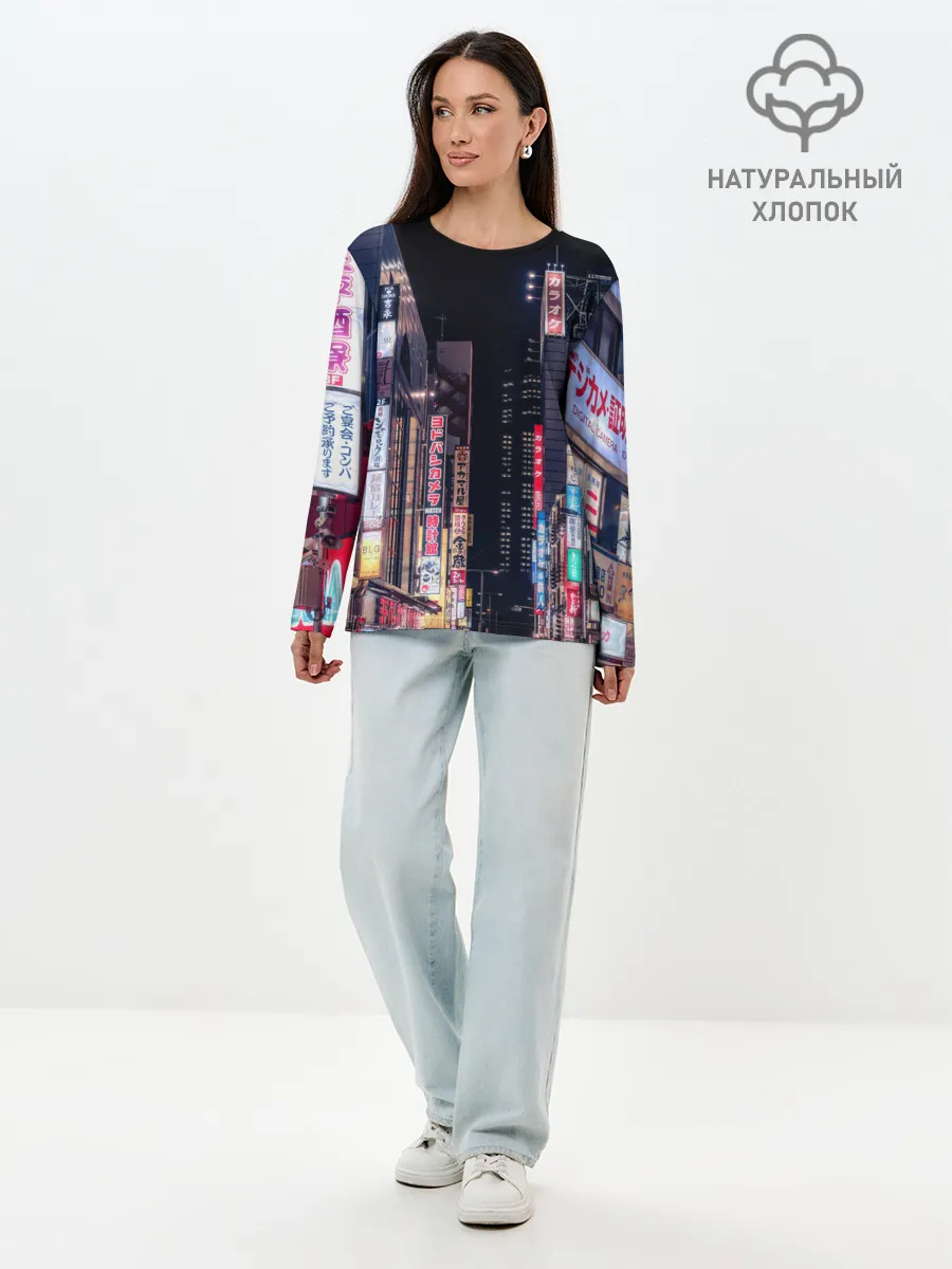 Лонгслив женский. Хлопок / Ночной Токио