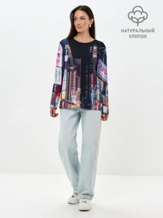Лонгслив женский. Хлопок / Ночной Токио
