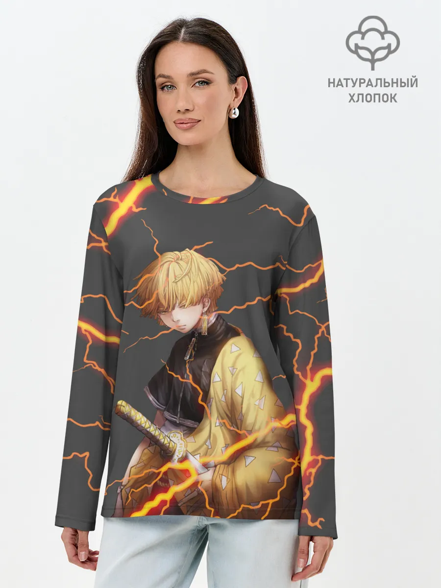 Лонгслив женский. Хлопок / KIMETSU NO YAIBA оранжевые молнии