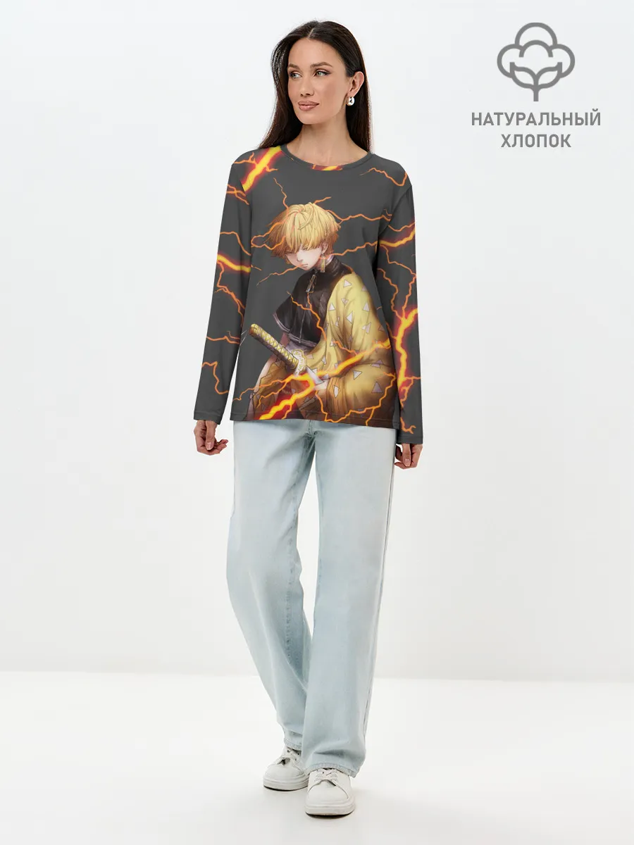 Лонгслив женский. Хлопок / KIMETSU NO YAIBA оранжевые молнии