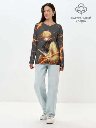Лонгслив женский. Хлопок / KIMETSU NO YAIBA оранжевые молнии