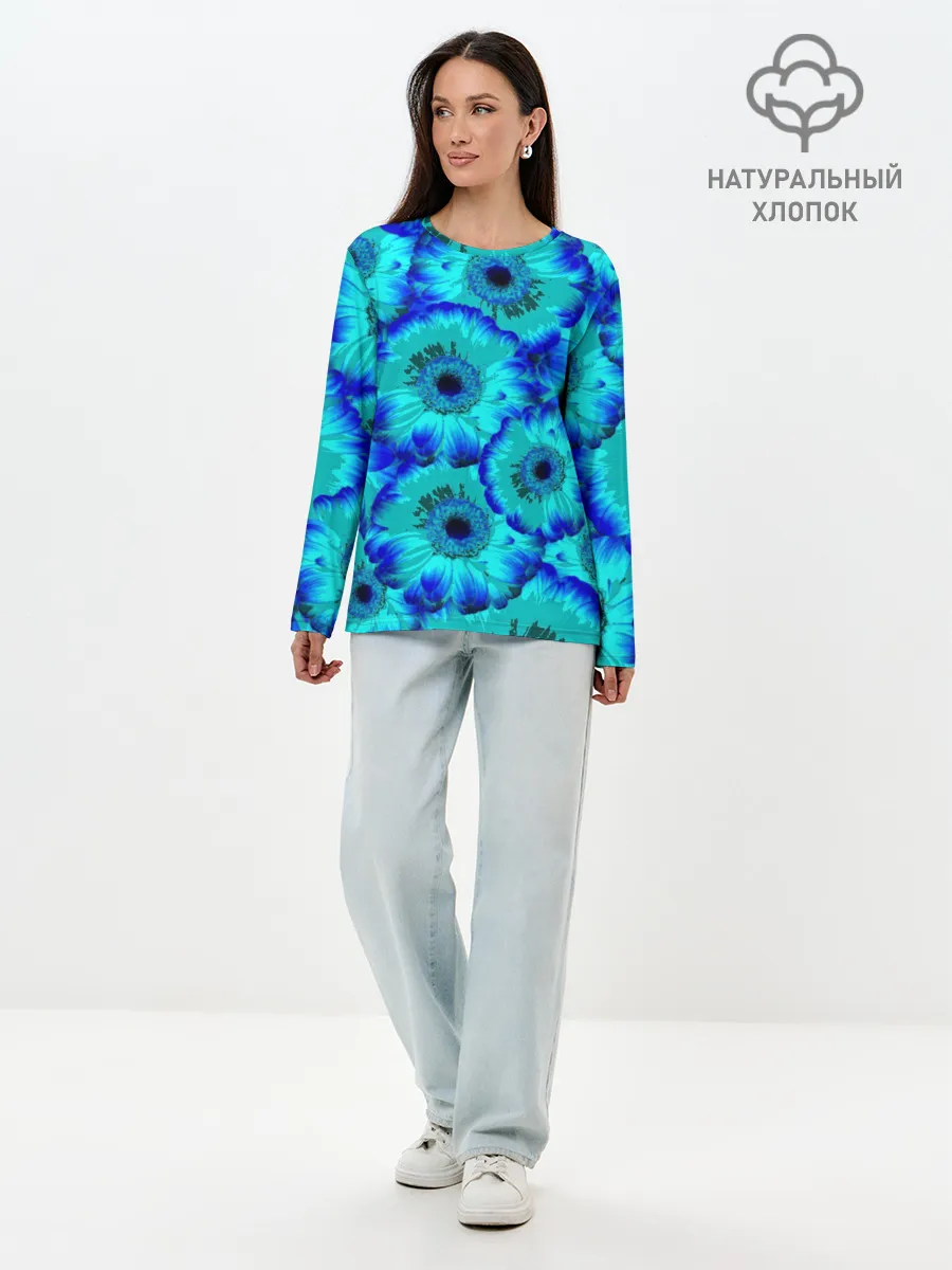Лонгслив женский. Хлопок / Голубые хризантемы
