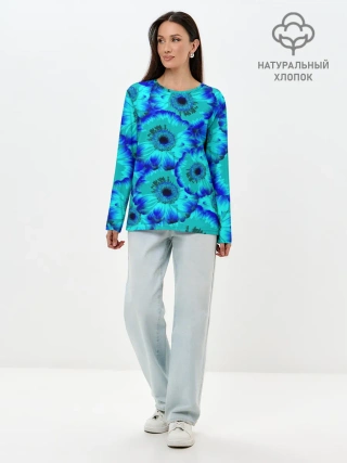 Лонгслив женский. Хлопок / Голубые хризантемы
