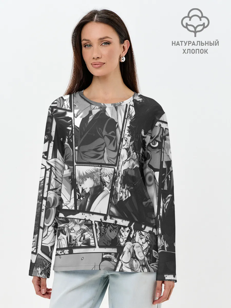 Лонгслив женский. Хлопок / EPIC MAIN ANIME CHARACTERS 3D! monochome